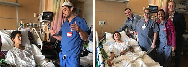 Fotografía (izquierda) Chicco y el Dr. Enrico Danzer, becario de cirugía pediátrica. (Derecha) Chicco con miembros del equipo de atención quirúrgica. Fotografías cortesía de Filippo Adamo.