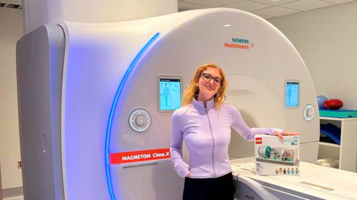 Sasha Alexander in front of a MRI machine at Lucile Packard Children's Hospital Stanford in Palo Alto, CA